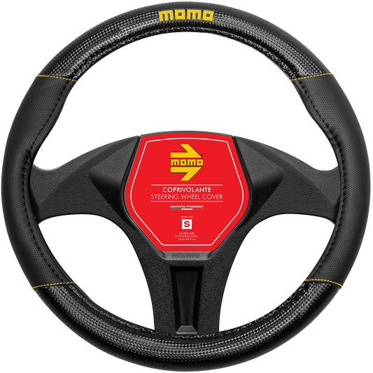 Momo Steering Wheel Cover - CARBON - BLACK/YELLOW PU - SIZE M