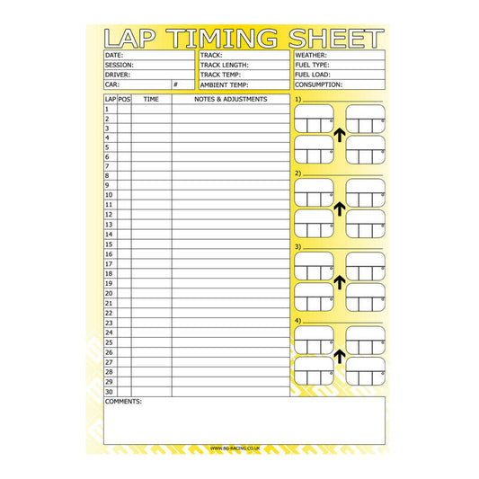 BG Racing Lap Timing Sheets - Pad of 50 sheets (BGR425)