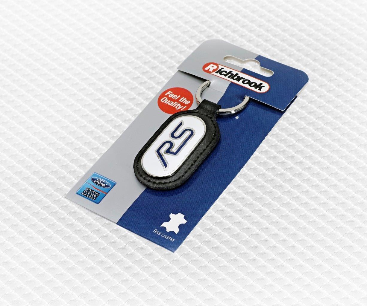 Richbrook 'Licensed' Ford RS Logo Keyring with Leather Key Fob - White & Blue