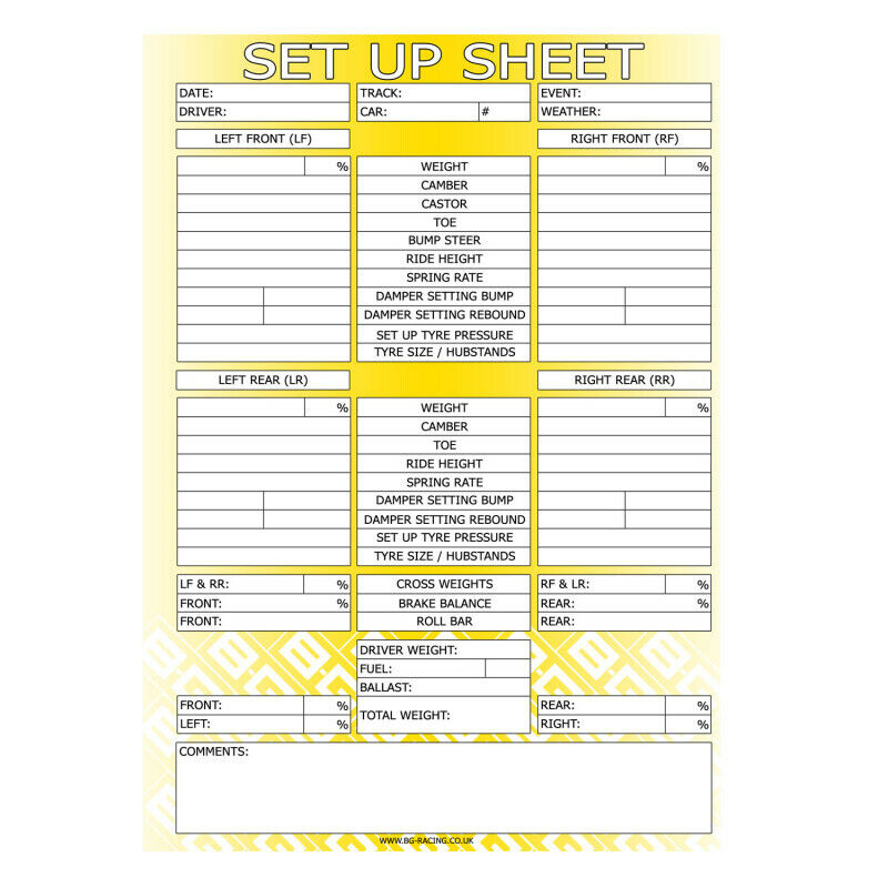 BG Racing Chassis Set Up Sheets - Pad of 50 sheets (BGR426)