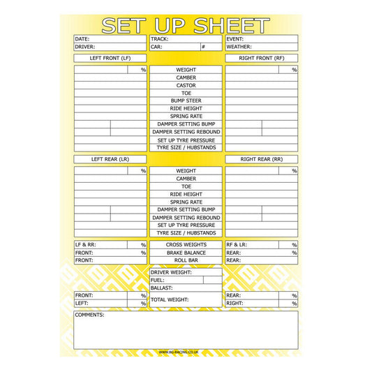 BG Racing Chassis Set Up Sheets - Pad of 50 sheets (BGR426)